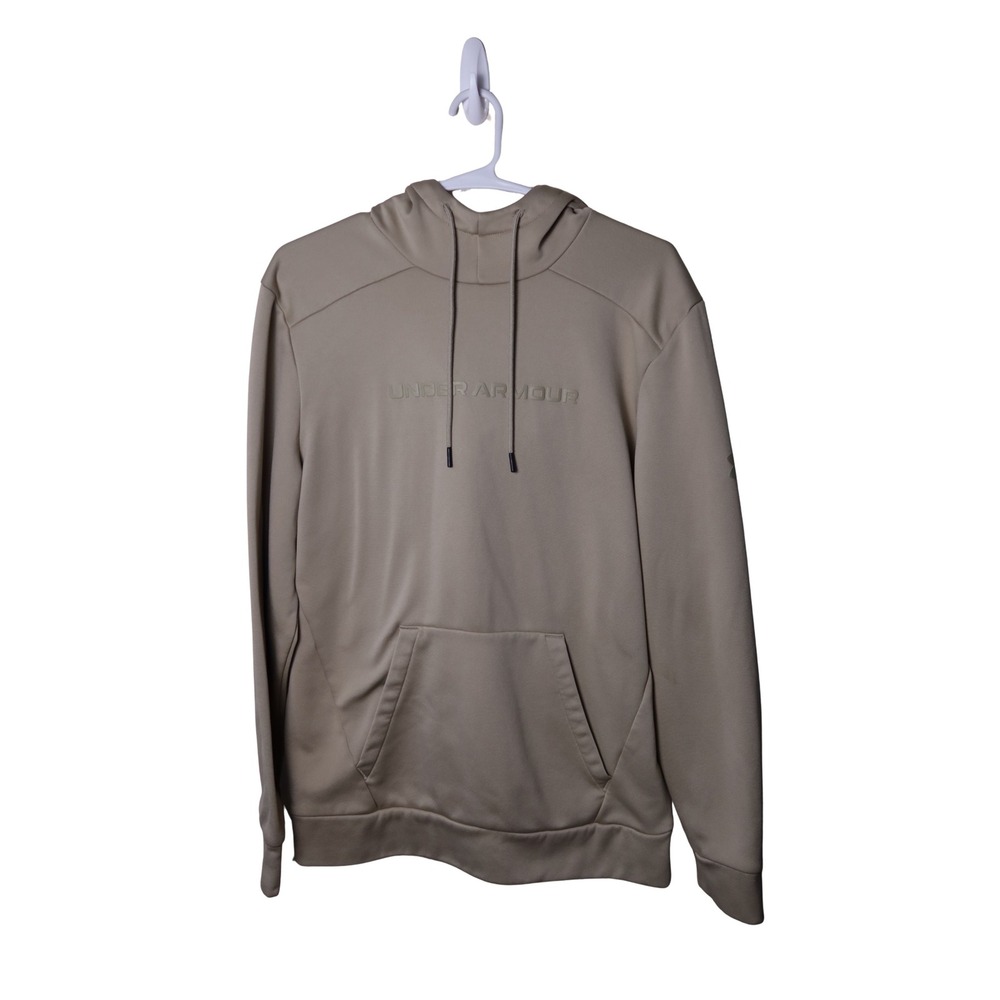 Under Armour Mens Hoodie Tan Khaki Embossed Logo Fleece Sweatshirt Size Large